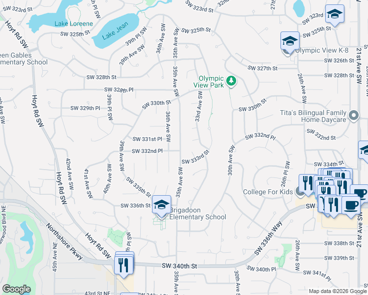 map of restaurants, bars, coffee shops, grocery stores, and more near 33136 35th Avenue Southwest in Federal Way