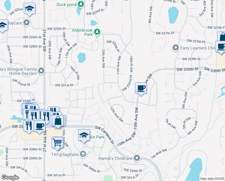 map of restaurants, bars, coffee shops, grocery stores, and more near 33116 12th Court Southwest in Federal Way