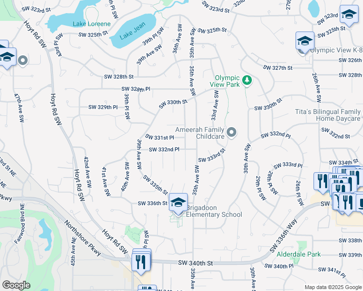 map of restaurants, bars, coffee shops, grocery stores, and more near 33149 36th Avenue Southwest in Federal Way