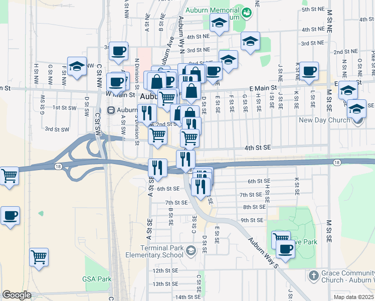 map of restaurants, bars, coffee shops, grocery stores, and more near 303 4th Street Southeast in Auburn