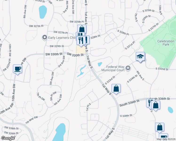map of restaurants, bars, coffee shops, grocery stores, and more near 33131 1st Avenue Southwest in Federal Way
