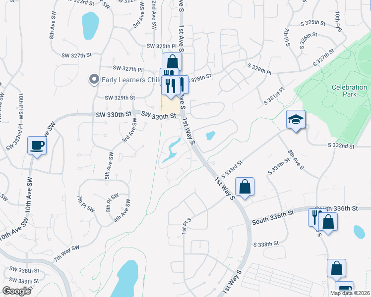 map of restaurants, bars, coffee shops, grocery stores, and more near 102 Southwest 332nd Street in Federal Way