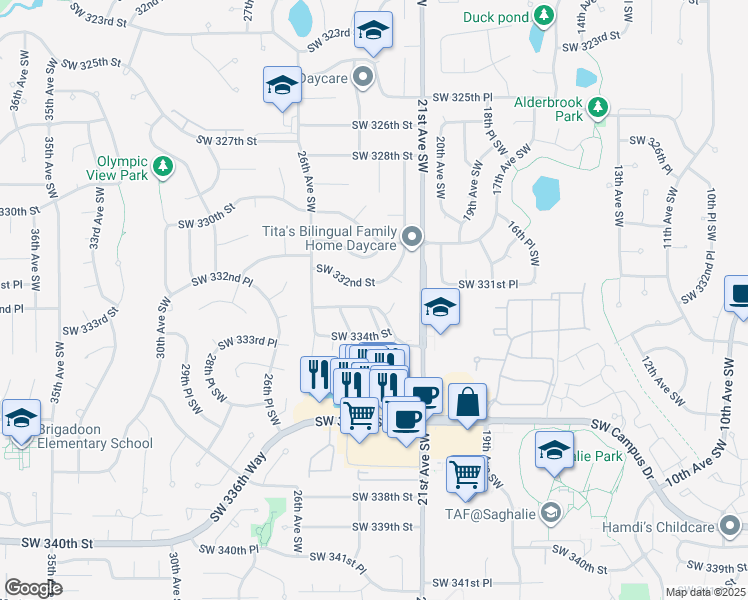 map of restaurants, bars, coffee shops, grocery stores, and more near 33269 22nd Court Southwest in Federal Way