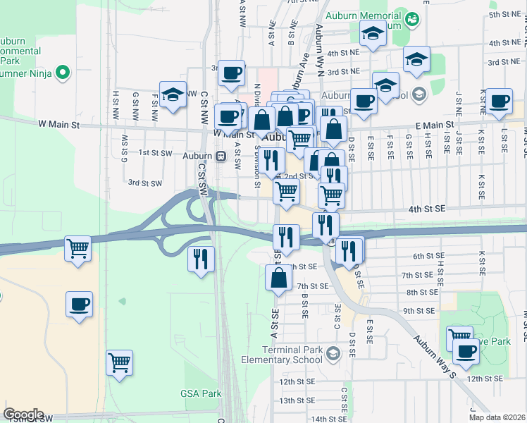 map of restaurants, bars, coffee shops, grocery stores, and more near 316 South Division Street in Auburn