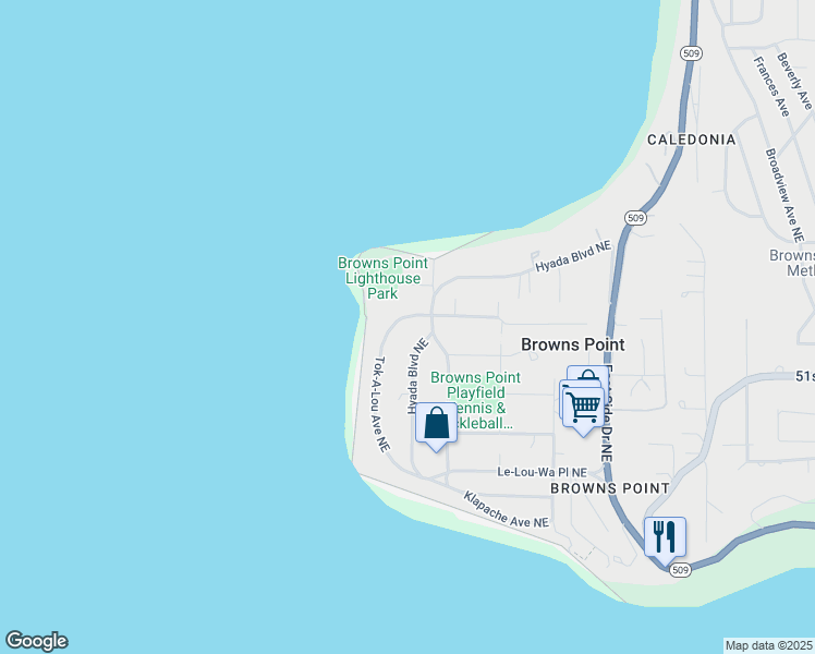 map of restaurants, bars, coffee shops, grocery stores, and more near 5112 Hyada Boulevard Northeast in Tacoma