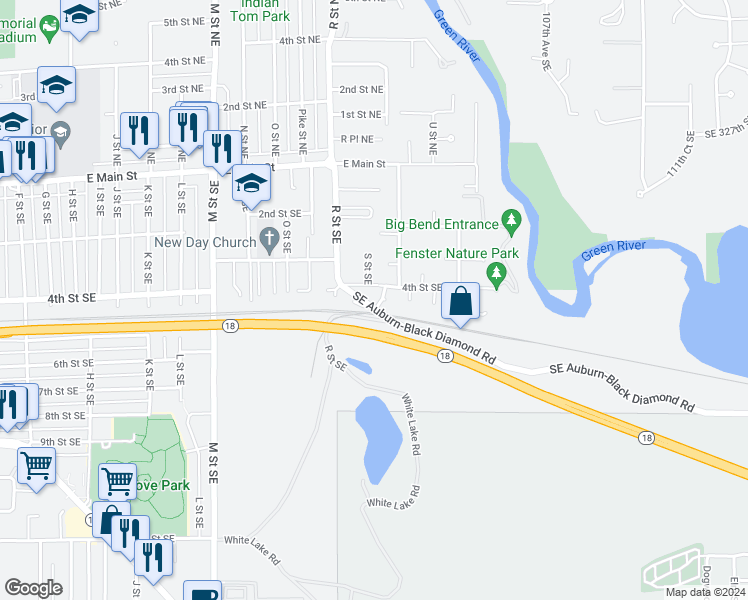 map of restaurants, bars, coffee shops, grocery stores, and more near 1701 Southeast Auburn-Black Diamond Road in Auburn