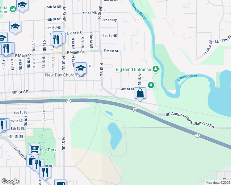 map of restaurants, bars, coffee shops, grocery stores, and more near 1701 Southeast Auburn-Black Diamond Road in Auburn