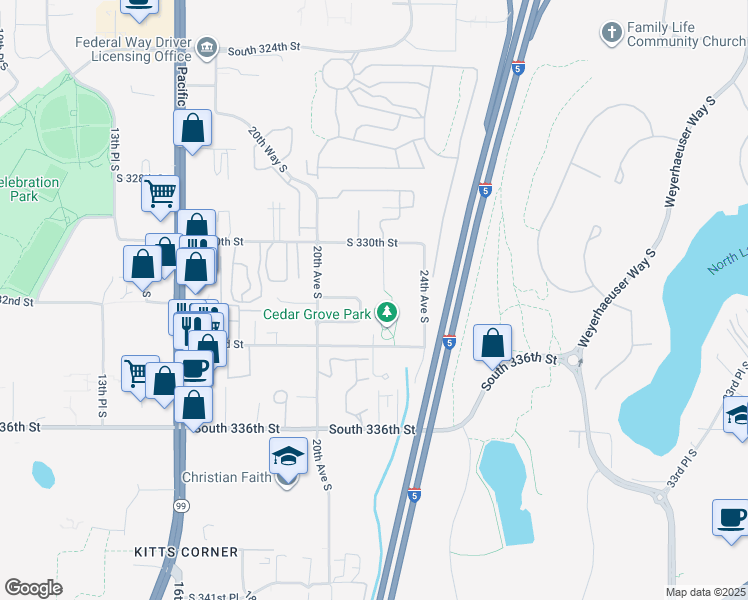 map of restaurants, bars, coffee shops, grocery stores, and more near 33043 22nd Place South in Federal Way