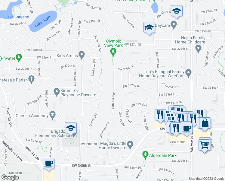 map of restaurants, bars, coffee shops, grocery stores, and more near 33133 30th Avenue Southwest in Federal Way