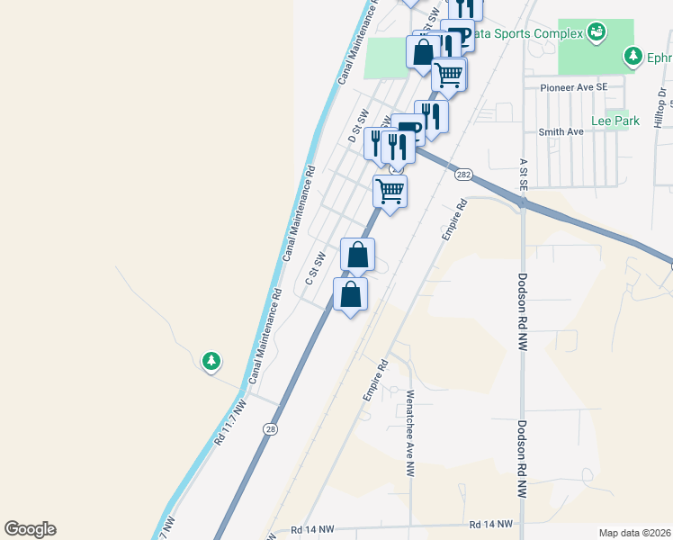 map of restaurants, bars, coffee shops, grocery stores, and more near 1706 Basin Street Southwest in Ephrata