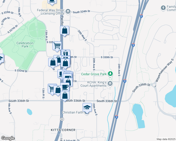 map of restaurants, bars, coffee shops, grocery stores, and more near 1932 South 331st Street in Federal Way