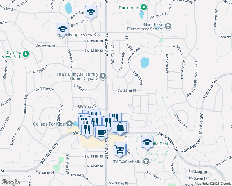 map of restaurants, bars, coffee shops, grocery stores, and more near 1915 Southwest 331st Place in Federal Way