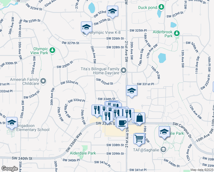map of restaurants, bars, coffee shops, grocery stores, and more near 33308 24th Avenue Southwest in Federal Way