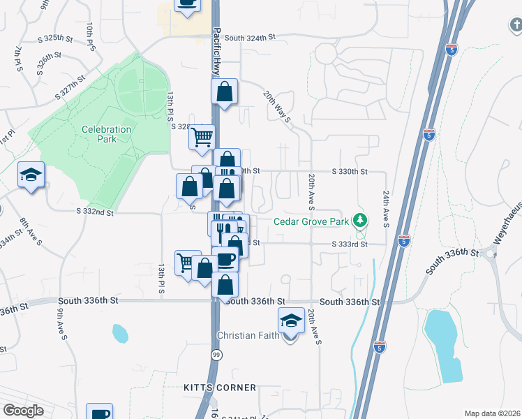 map of restaurants, bars, coffee shops, grocery stores, and more near 33035 18th Place South in Federal Way