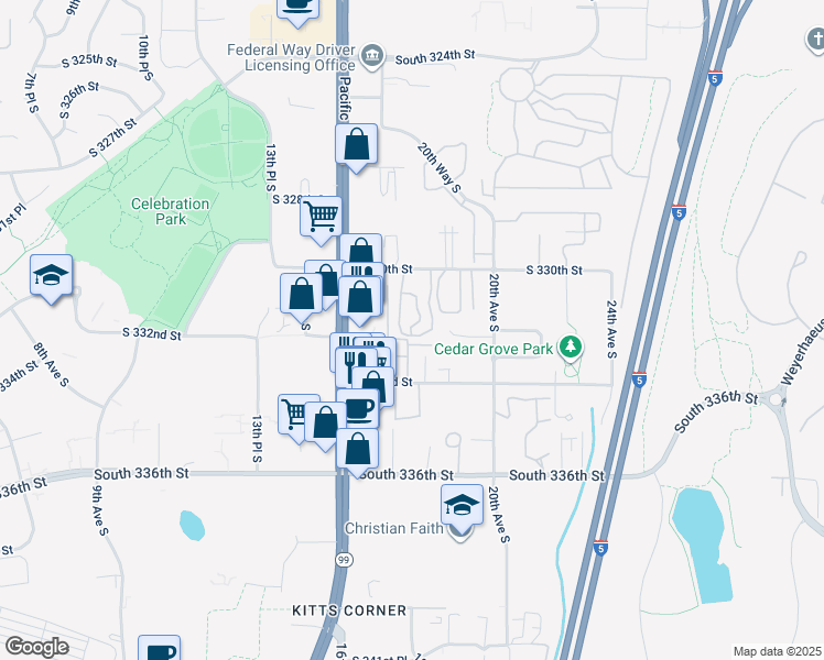 map of restaurants, bars, coffee shops, grocery stores, and more near 33010 17th Place South in Federal Way