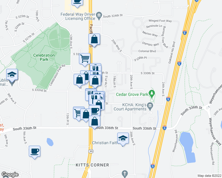 map of restaurants, bars, coffee shops, grocery stores, and more near 33006 17th Place South in Federal Way