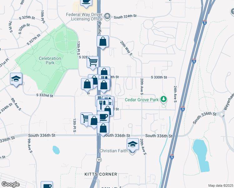 map of restaurants, bars, coffee shops, grocery stores, and more near 1660 South 333rd Street in Federal Way