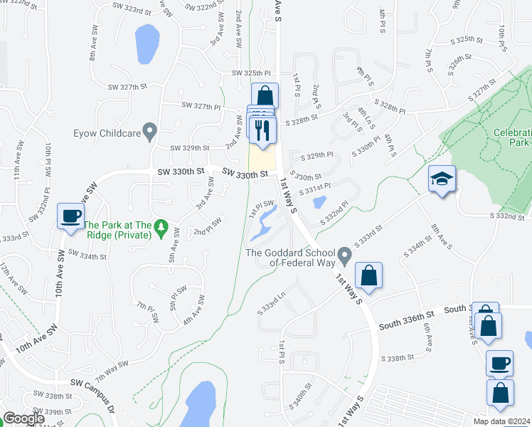 map of restaurants, bars, coffee shops, grocery stores, and more near 106 Southwest 332nd Street in Federal Way