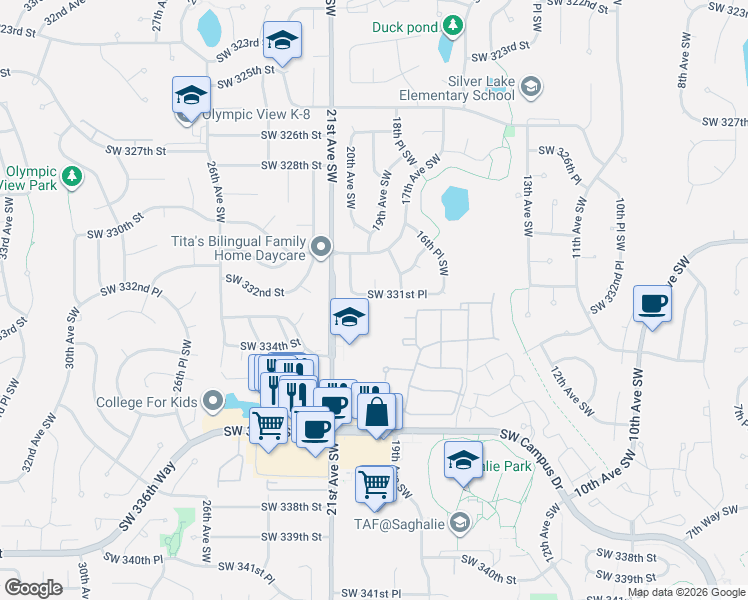 map of restaurants, bars, coffee shops, grocery stores, and more near 1915 Southwest 331st Place in Federal Way