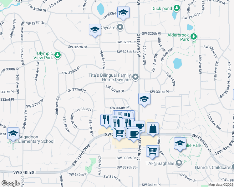 map of restaurants, bars, coffee shops, grocery stores, and more near 33308 24th Avenue Southwest in Federal Way