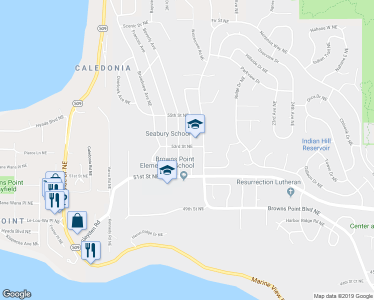 map of restaurants, bars, coffee shops, grocery stores, and more near 5126 Green Hills Avenue Northeast in Tacoma