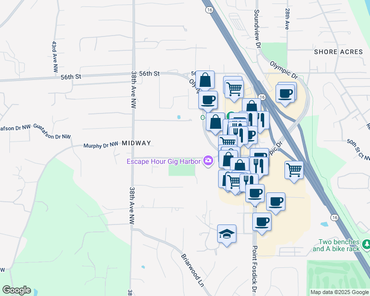 map of restaurants, bars, coffee shops, grocery stores, and more near 3445 50th Street Court in Gig Harbor