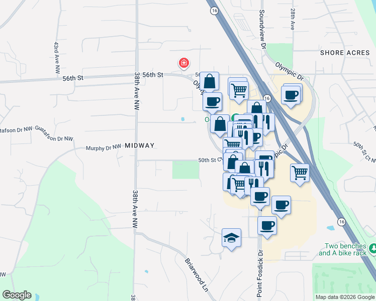 map of restaurants, bars, coffee shops, grocery stores, and more near 3445 50th Street Court in Gig Harbor