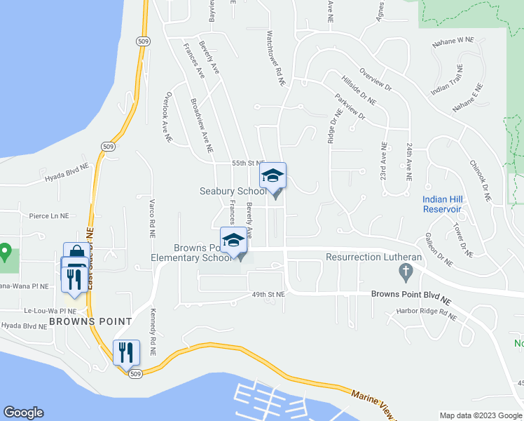 map of restaurants, bars, coffee shops, grocery stores, and more near 5142 Green Hills Avenue Northeast in Tacoma