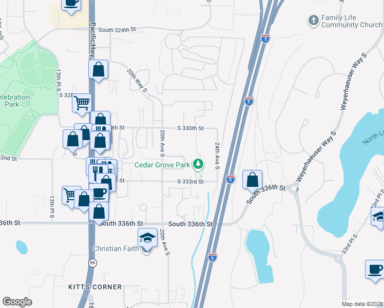 map of restaurants, bars, coffee shops, grocery stores, and more near 33110 21st Avenue South in Federal Way