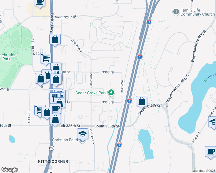 map of restaurants, bars, coffee shops, grocery stores, and more near 33110 21st Avenue South in Federal Way