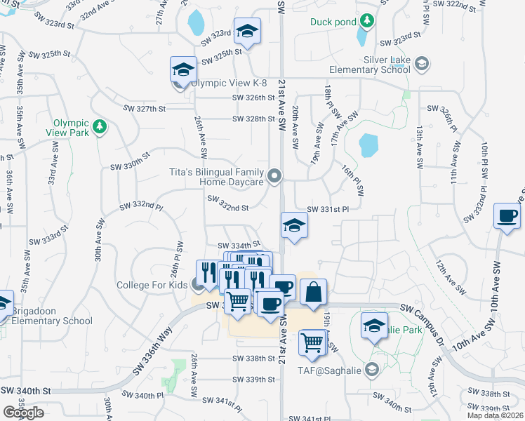map of restaurants, bars, coffee shops, grocery stores, and more near 33269 22nd Court Southwest in Federal Way