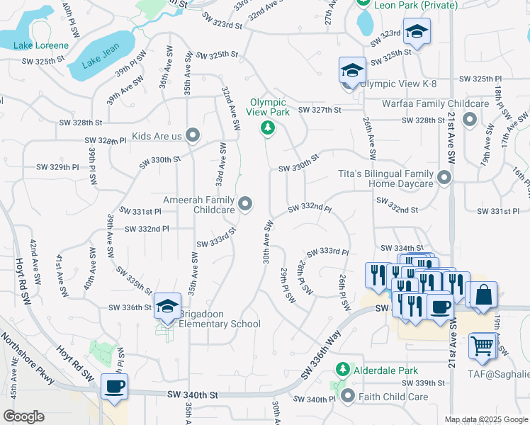 map of restaurants, bars, coffee shops, grocery stores, and more near 33127 30th Avenue Southwest in Federal Way