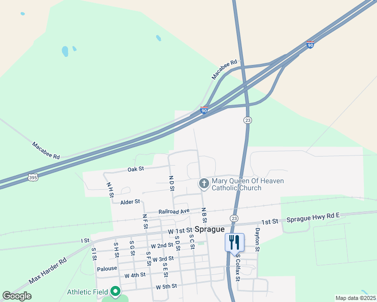 map of restaurants, bars, coffee shops, grocery stores, and more near 414 North D Street in Sprague