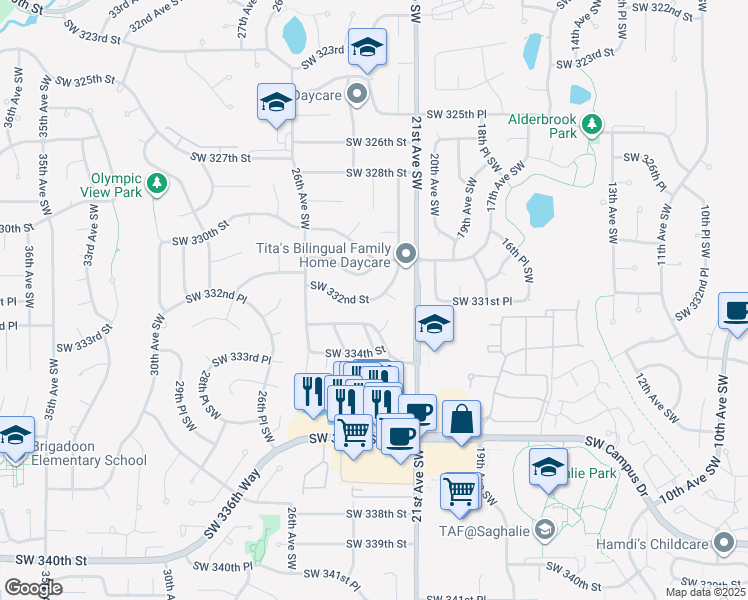 map of restaurants, bars, coffee shops, grocery stores, and more near 1211 Southwest 332nd Street in Federal Way