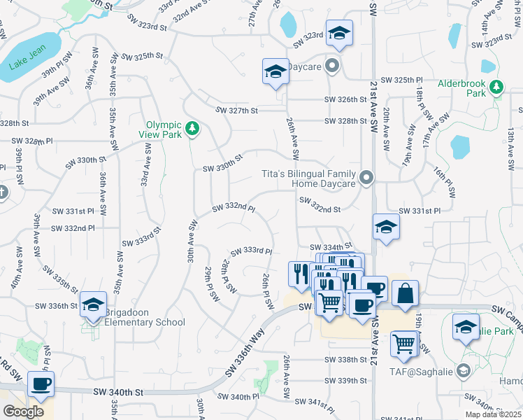 map of restaurants, bars, coffee shops, grocery stores, and more near 2614 Southwest 332nd Place in Federal Way