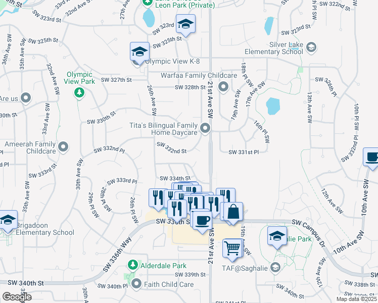 map of restaurants, bars, coffee shops, grocery stores, and more near 1211 Southwest 332nd Street in Federal Way