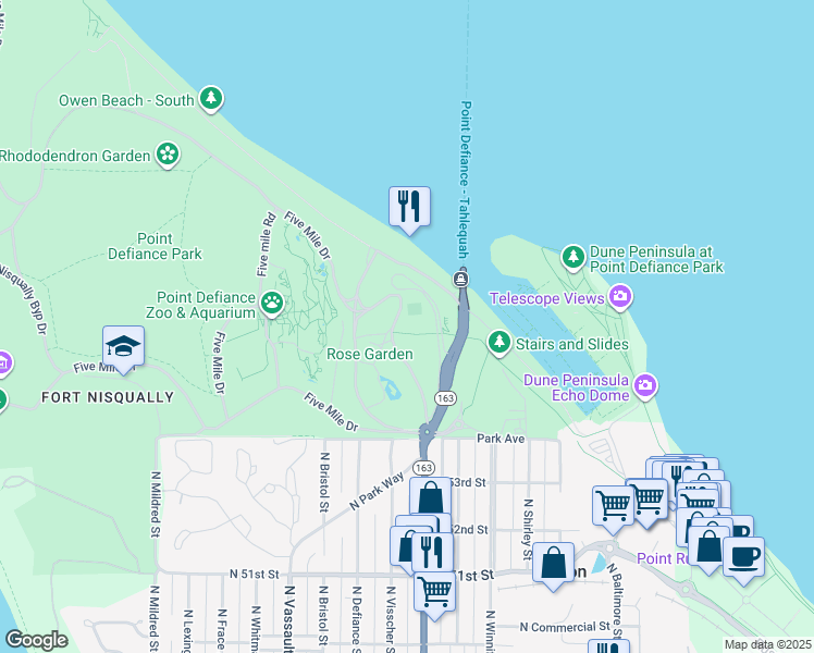 map of restaurants, bars, coffee shops, grocery stores, and more near 5801 Trolley Lane in Tacoma