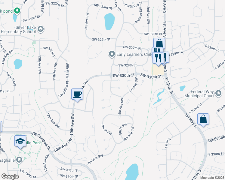 map of restaurants, bars, coffee shops, grocery stores, and more near 521 Southwest 331st Street in Federal Way