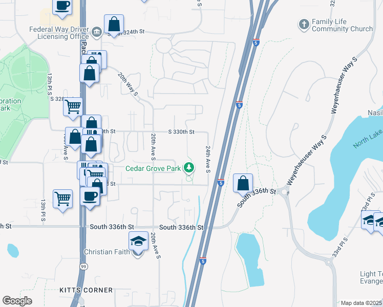 map of restaurants, bars, coffee shops, grocery stores, and more near 33012 22nd Place South in Federal Way