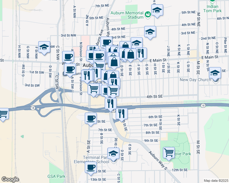 map of restaurants, bars, coffee shops, grocery stores, and more near 213 D Street Southeast in Auburn