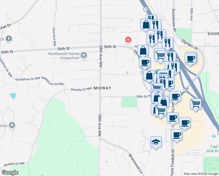 map of restaurants, bars, coffee shops, grocery stores, and more near 5119 38th Avenue Northwest in Gig Harbor