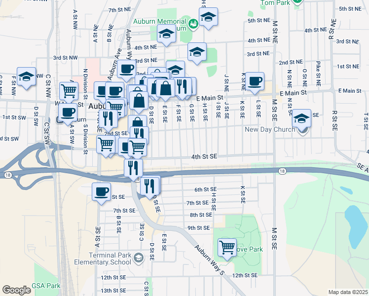 map of restaurants, bars, coffee shops, grocery stores, and more near 308 F Street Southeast in Auburn