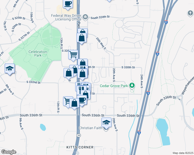 map of restaurants, bars, coffee shops, grocery stores, and more near 33031 18th Place South in Federal Way