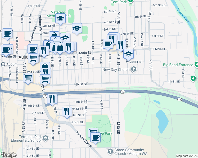 map of restaurants, bars, coffee shops, grocery stores, and more near 216 J Street Southeast in Auburn