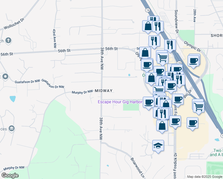 map of restaurants, bars, coffee shops, grocery stores, and more near 5119 38th Avenue Northwest in Gig Harbor