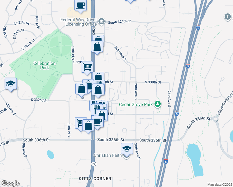 map of restaurants, bars, coffee shops, grocery stores, and more near 33031 18th Place South in Federal Way