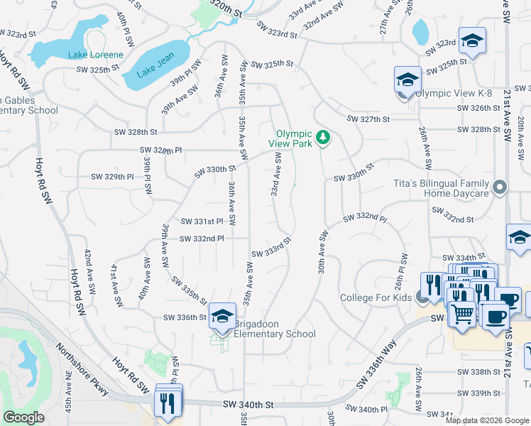 map of restaurants, bars, coffee shops, grocery stores, and more near 3307 Southwest 331st Street in Federal Way
