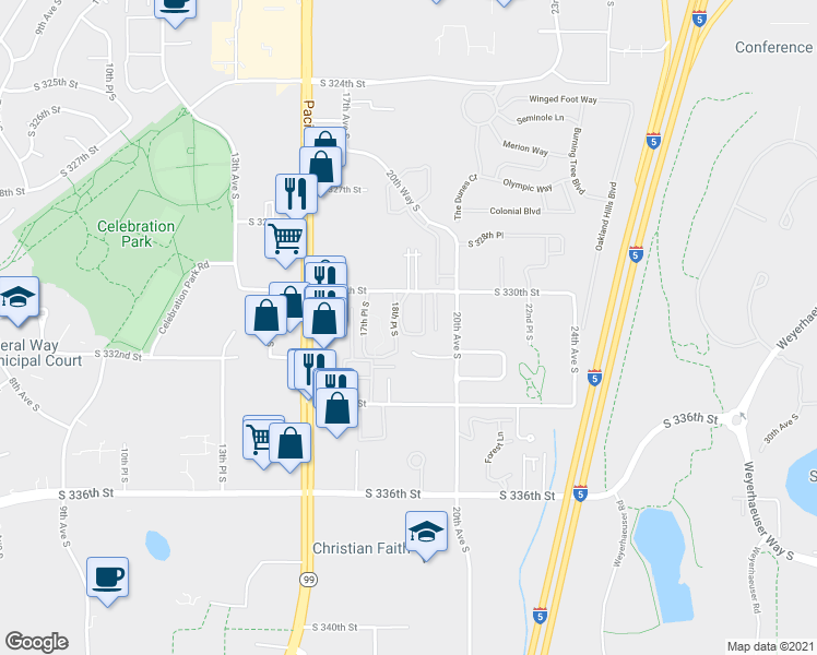 map of restaurants, bars, coffee shops, grocery stores, and more near 33031 18th Place South in Federal Way