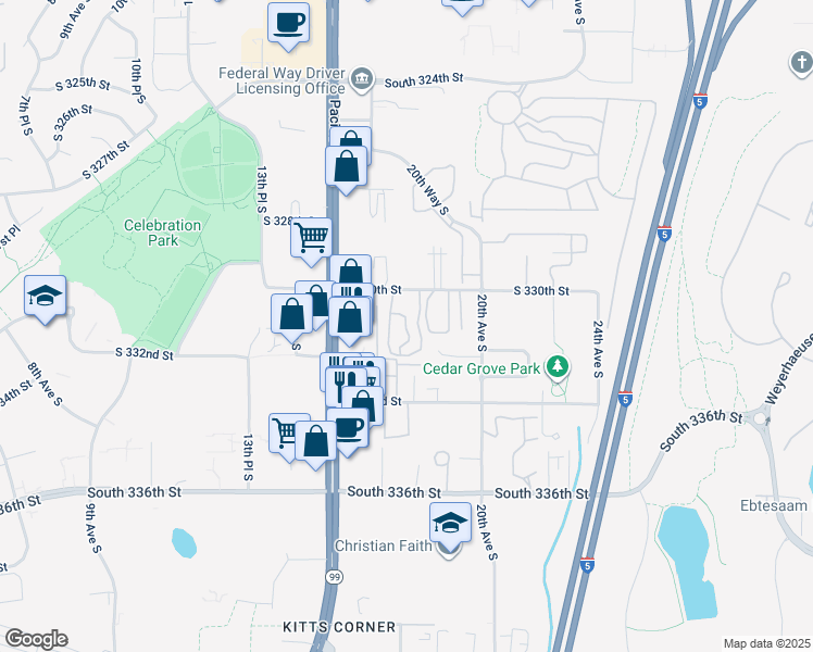 map of restaurants, bars, coffee shops, grocery stores, and more near 33031 18th Place South in Federal Way