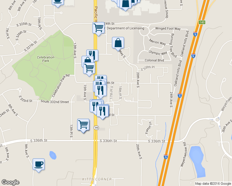 map of restaurants, bars, coffee shops, grocery stores, and more near 33035 18th Place South in Federal Way